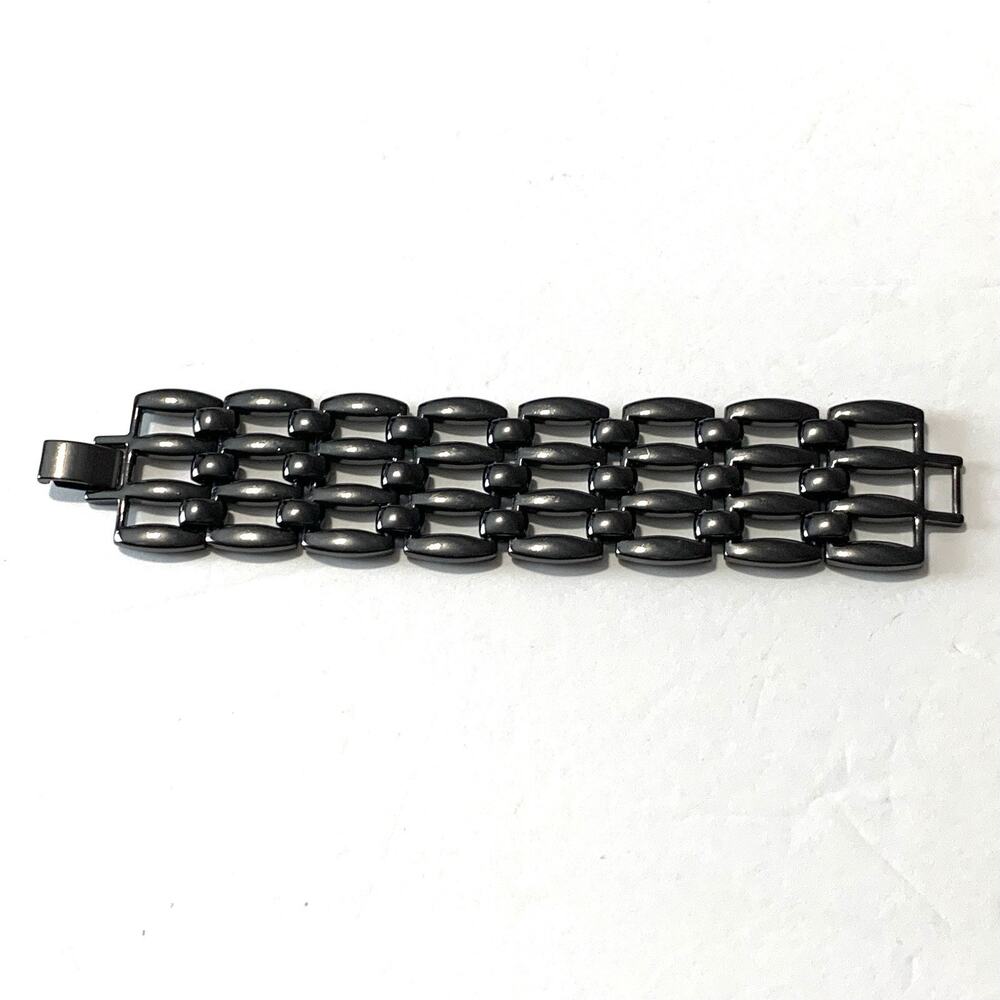 Vintage Y2K Gunmetal Tank Track Bracelet Wide Geometric Link Statement 6.75"